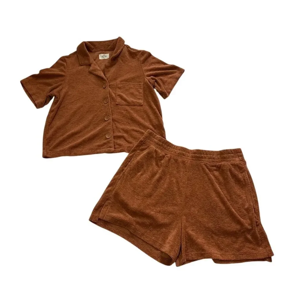 Marine Layer S/M Sierra Brown Terry Out Resort Short Sleeve Button Up Camp Shirt